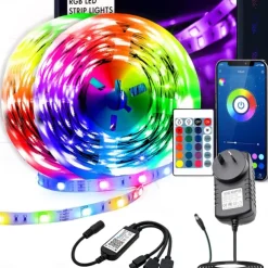 LED Strip Light Kit 16.4-65.6 ft Intelligent Bluetooth APP Controlled RGB Music Synchronized Color Changing with Timed DIY Bedroom Decoration for Holiday Party Bedroom Children's Room Decoration