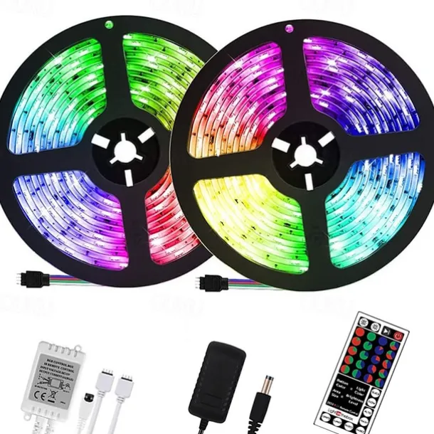 LED Strip Lights RGB 10M 32.8ft Christmas Tiktok TV Backlight 600LEDs Flexible Color Change SMD 2835 with 44 Keys Controller 100-240V Power Supply for Home Bedroom Kitchen