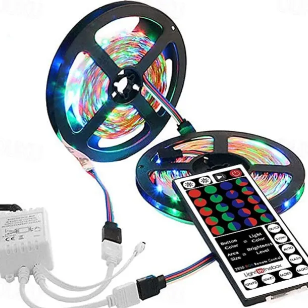 LED Strip Lights RGB 10M 32.8ft Christmas Tiktok TV Backlight 600LEDs Flexible Color Change SMD 2835 with 44 Keys Controller 100-240V Power Supply for Home Bedroom Kitchen