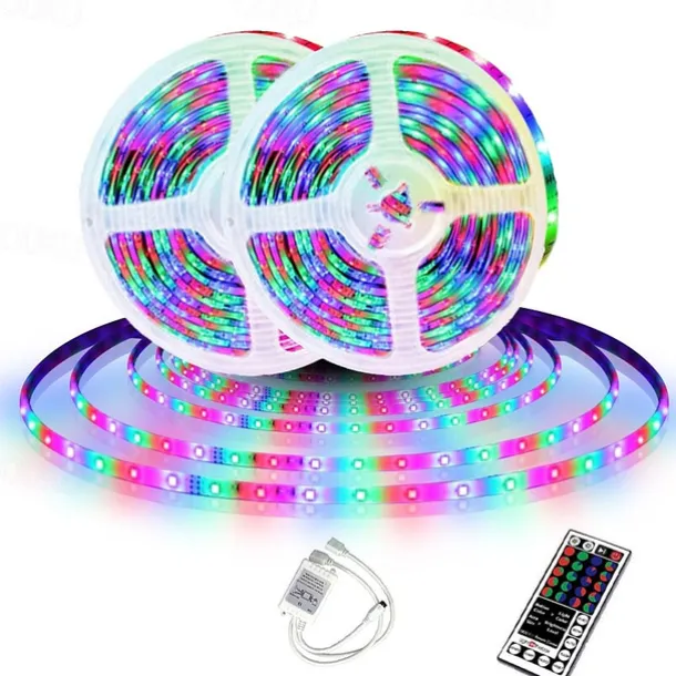 LED Strip Lights (2x5M)10M 32.8ft 2835 RGB 600LEDs 8mm Strips Lighting Flexible Color Changing with 44 Key IR Remote Ideal for Home Kitchen Christmas TV Back Lights DC 12V