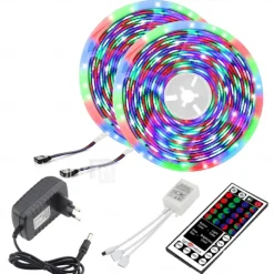 LED Strip Lights (2x5M)10M 32.8ft 2835 RGB 600LEDs 8mm Strips Lighting Flexible Color Changing with 44 Key IR Remote Ideal for Home Kitchen Christmas TV Back Lights DC 12V