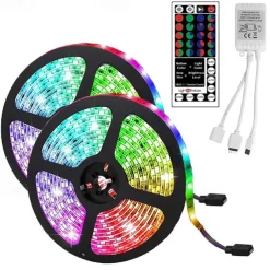 LED Strip Lights (2x5M)10M 32.8ft 2835 RGB 600LEDs 8mm Strips Lighting Flexible Color Changing with 44 Key IR Remote Ideal for Home Kitchen Christmas TV Back Lights DC 12V