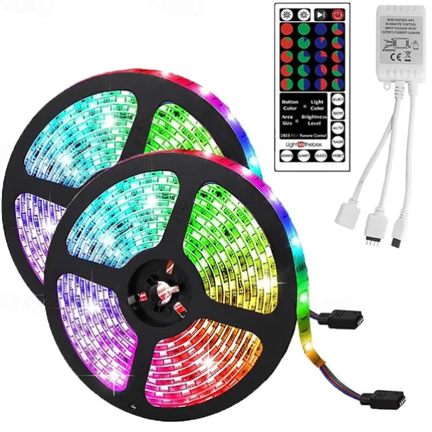 LED Strip Lights (2x5M)10M 32.8ft 2835 RGB 600LEDs 8mm Strips Lighting Flexible Color Changing with 44 Key IR Remote Ideal for Home Kitchen Christmas TV Back Lights DC 12V