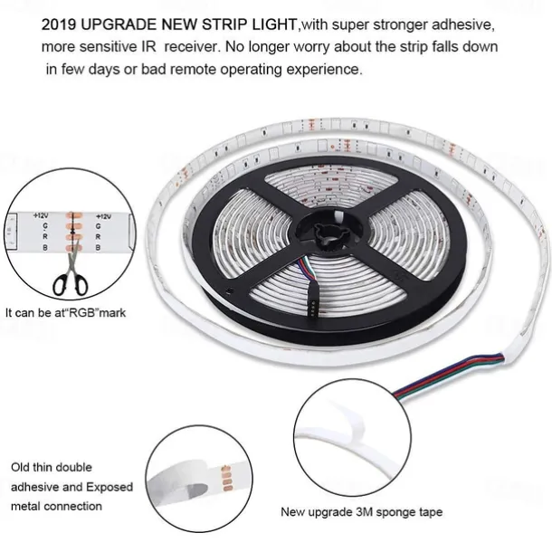 LED Strip Lights (2x5M)10M 32.8ft 2835 RGB 600LEDs 8mm Strips Lighting Flexible Color Changing with 44 Key IR Remote Ideal for Home Kitchen Christmas TV Back Lights DC 12V