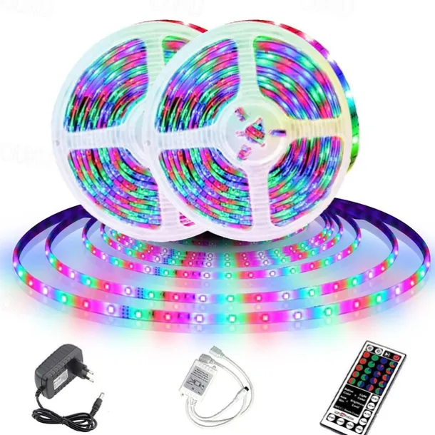 LED Strip Lights (2x5M)10M 32.8ft 2835 RGB 600LEDs 8mm Strips Lighting Flexible Color Changing with 44 Key IR Remote Ideal for Home Kitchen Christmas TV Back Lights DC 12V