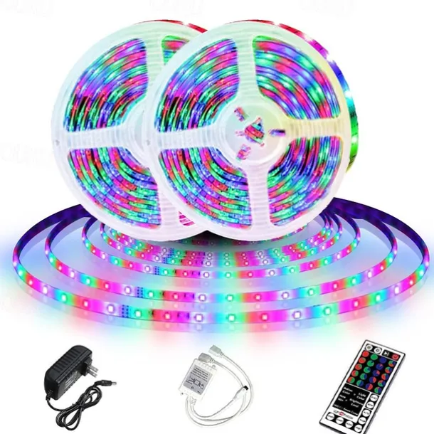 LED Strip Lights (2x5M)10M 32.8ft 2835 RGB 600LEDs 8mm Strips Lighting Flexible Color Changing with 44 Key IR Remote Ideal for Home Kitchen Christmas TV Back Lights DC 12V