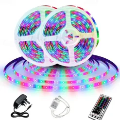LED Strip Lights (2x5M)10M 32.8ft 2835 RGB 600LEDs 8mm Strips Lighting Flexible Color Changing with 44 Key IR Remote Ideal for Home Kitchen Christmas TV Back Lights DC 12V