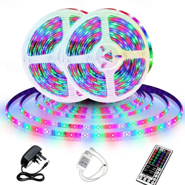 LED Strip Lights (2x5M)10M 32.8ft 2835 RGB 600LEDs 8mm Strips Lighting Flexible Color Changing with 44 Key IR Remote Ideal for Home Kitchen Christmas TV Back Lights DC 12V