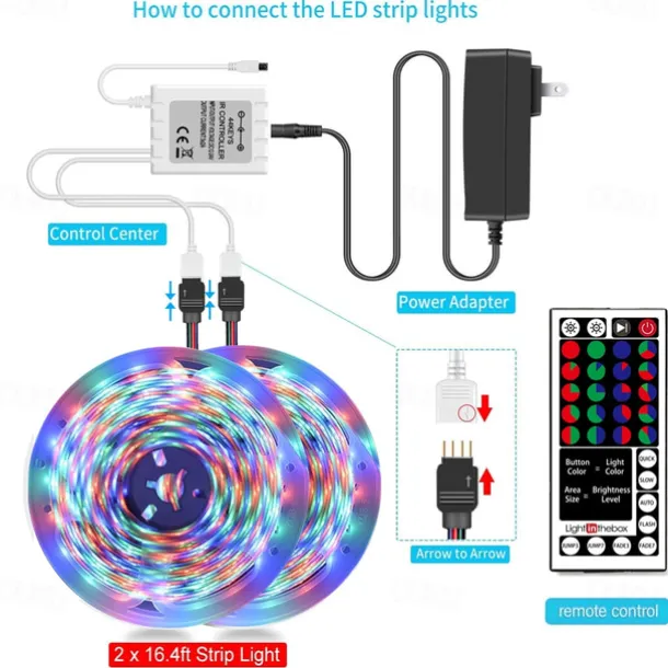 LED Strip Lights (2x5M)10M 32.8ft 2835 RGB 600LEDs 8mm Strips Lighting Flexible Color Changing with 44 Key IR Remote Ideal for Home Kitchen Christmas TV Back Lights DC 12V