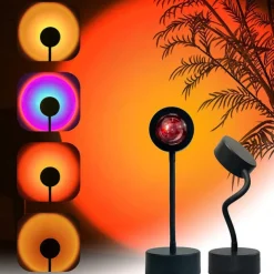 LED Sunset Projector Lamp Tiktok Lights USB Operation Rainbow Night Light Atmosphere Table Lamp Living Room Bedroom Coffee Store Background Wall Decoration Colorful Lights