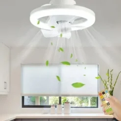 LED Swing Head Fan Light 360°Rotate E27 48W Mini Ceiling Fan Light Dimmable Lamp with Remote Control Suitable for Bedroom, Living Room and Study Room