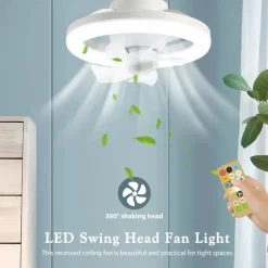 LED Swing Head Fan Light 360°Rotate E27 48W Mini Ceiling Fan Light Dimmable Lamp with Remote Control Suitable for Bedroom, Living Room and Study Room
