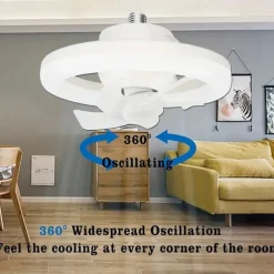 LED Swing Head Fan Light 360°Rotate E27 48W Mini Ceiling Fan Light Dimmable Lamp with Remote Control Suitable for Bedroom, Living Room and Study Room