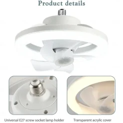 LED Swing Head Fan Light 360°Rotate E27 48W Mini Ceiling Fan Light Dimmable Lamp with Remote Control Suitable for Bedroom, Living Room and Study Room