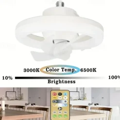 LED Swing Head Fan Light 360°Rotate E27 48W Mini Ceiling Fan Light Dimmable Lamp with Remote Control Suitable for Bedroom, Living Room and Study Room