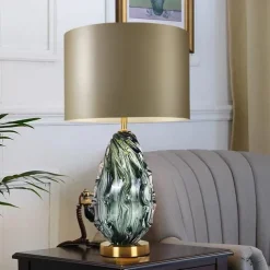 LED Table Lamp Possini Euro Design Coastal Bedside Lamp 68cm Tall Ceramic Blue Green Swirl Glaze Neutral Oval Shade for Living Room Bedroom Bedside