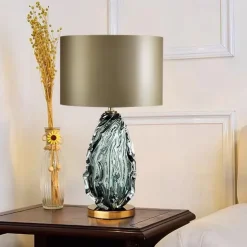 LED Table Lamp Possini Euro Design Coastal Bedside Lamp 68cm Tall Ceramic Blue Green Swirl Glaze Neutral Oval Shade for Living Room Bedroom Bedside