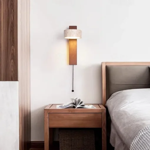 LED Wall Sconce Warm White Japanese Style Yellow Travertine Indoor Light with Pull Cord Switch Creative Wind Lamp Shade for Guesthouse Bedroom Living Room 110-240V