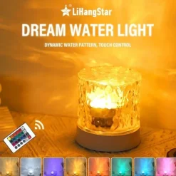 LED Water Ripple Ambient Night Light USB Rechargeable Rotating Projection RGB Crystal Table Lamp With Remote Control Dimmable Color Change For The Bedroom Bedside Playroom Children's Gifts