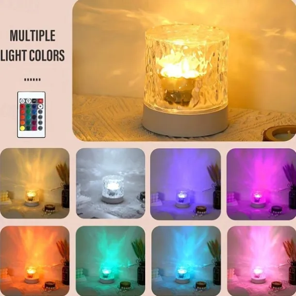 LED Water Ripple Ambient Night Light USB Rechargeable Rotating Projection RGB Crystal Table Lamp With Remote Control Dimmable Color Change For The Bedroom Bedside Playroom Children's Gifts