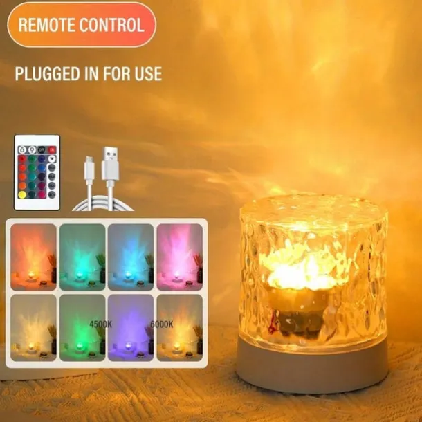 LED Water Ripple Ambient Night Light USB Rechargeable Rotating Projection RGB Crystal Table Lamp With Remote Control Dimmable Color Change For The Bedroom Bedside Playroom Children's Gifts