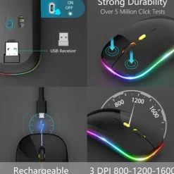LED Wireless Mouse Slim Silent Mouse 2.4G Portable Mobile Optical Office Mouse with USB and Type-c Receiver 3 Adjustable DPI Levels for Laptop PC Notebook MacBook