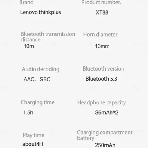 Lenovo XT88 True Wireless Headphones TWS Earbuds Bluetooth 5.3 Ergonomic Design Deep Bass in Ear for Apple Samsung Huawei Xiaomi MI Running Everyday Use Traveling Mobile Phone Car Motorcycle Truck