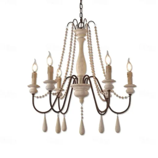 6-Light 6 Lights Vintage Candle Chandelier/ Wood Pendant Light Coffee Bar Rustic Lamp for Living Room Dinning Room Resturant Lights/ E12/E14 without Bulb