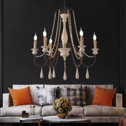 6-Light 6 Lights Vintage Candle Chandelier/ Wood Pendant Light Coffee Bar Rustic Lamp for Living Room Dinning Room Resturant Lights/ E12/E14 without Bulb