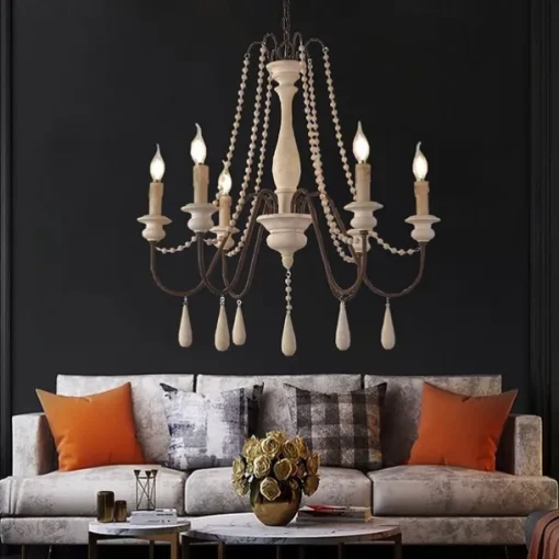 6-Light 6 Lights Vintage Candle Chandelier/ Wood Pendant Light Coffee Bar Rustic Lamp for Living Room Dinning Room Resturant Lights/ E12/E14 without Bulb