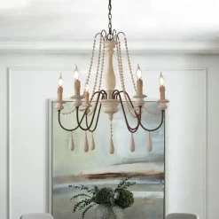 6-Light 6 Lights Vintage Candle Chandelier/ Wood Pendant Light Coffee Bar Rustic Lamp for Living Room Dinning Room Resturant Lights/ E12/E14 without Bulb
