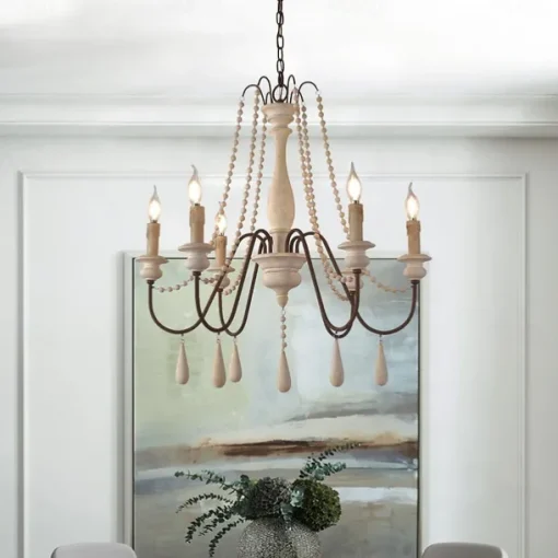 6-Light 6 Lights Vintage Candle Chandelier/ Wood Pendant Light Coffee Bar Rustic Lamp for Living Room Dinning Room Resturant Lights/ E12/E14 without Bulb
