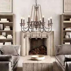 6-Light 6 Lights Vintage Candle Chandelier/ Wood Pendant Light Coffee Bar Rustic Lamp for Living Room Dinning Room Resturant Lights/ E12/E14 without Bulb