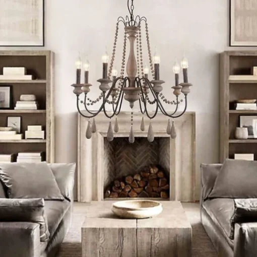 6-Light 6 Lights Vintage Candle Chandelier/ Wood Pendant Light Coffee Bar Rustic Lamp for Living Room Dinning Room Resturant Lights/ E12/E14 without Bulb