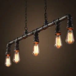 5-Light 90cm Industrial Pendant Light Vintage Wrought Iron Pipe in Black Finish Steampunk Chandelier Bar Bistro Restaurant Lighting