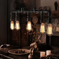 5-Light 90cm Industrial Pendant Light Vintage Wrought Iron Pipe in Black Finish Steampunk Chandelier Bar Bistro Restaurant Lighting