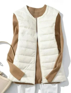Light down vest women's short round neck autumn and winter new shoulder down jacket guts plus size