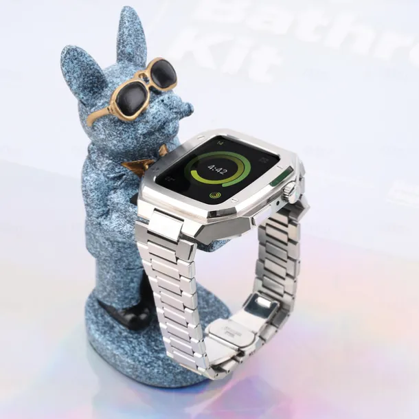 Link Bracelet Compatible with Apple Watch band 40mm 41mm 44mm 45mm with Case Men Butterfly Buckle Stainless Steel Strap Replacement Wristband for iwatch Series 9 8 7 6 5 4 SE