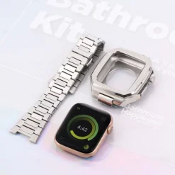 Link Bracelet Compatible with Apple Watch band 40mm 41mm 44mm 45mm with Case Men Butterfly Buckle Stainless Steel Strap Replacement Wristband for iwatch Series 9 8 7 6 5 4 SE