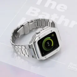 Link Bracelet Compatible with Apple Watch band 40mm 41mm 44mm 45mm with Case Men Butterfly Buckle Stainless Steel Strap Replacement Wristband for iwatch Series 9 8 7 6 5 4 SE