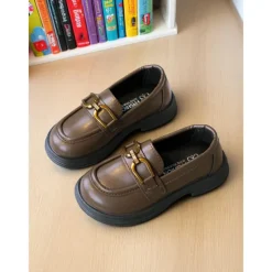 Little Girls' Black Faux Leather Loafers with Gold Buckle – Classic School Uniform Dress Shoes for Kids