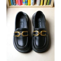 Little Girls' Black Faux Leather Loafers with Gold Buckle – Classic School Uniform Dress Shoes for Kids