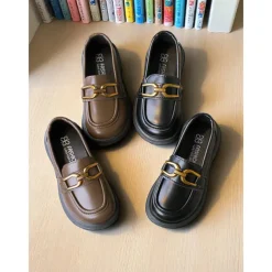 Little Girls' Black Faux Leather Loafers with Gold Buckle – Classic School Uniform Dress Shoes for Kids