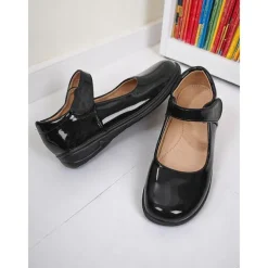 Little Girls' Black Patent Mary Jane Shoes with Hook-and-Loop Strap – Easy On School Dress Shoes for Elementary Kids
