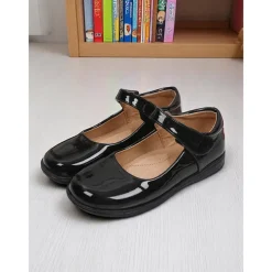 Little Girls' Black Patent Mary Jane Shoes with Hook-and-Loop Strap – Easy On School Dress Shoes for Elementary Kids