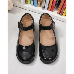 Little Girls' Black Patent Mary Jane Shoes with Hook-and-Loop Strap – Easy On School Dress Shoes for Elementary Kids