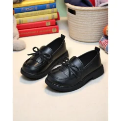 Little Girls' Faux Leather School Loafers with Fringe and Bow – Comfortable Moccasin Style Shoes for School & Daily Wear
