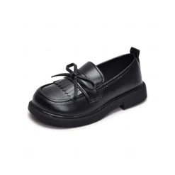 Little Girls' Faux Leather School Loafers with Fringe and Bow – Comfortable Moccasin Style Shoes for School & Daily Wear