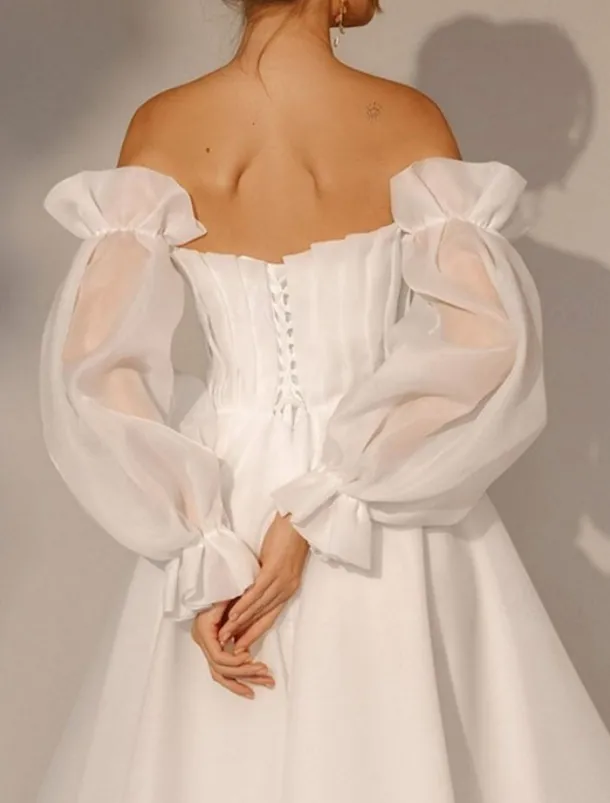 Little White Dress Bridal Shower Dresses Wedding Dresses A-Line Square Neck Long Sleeve Ankle Length Organza Bridal Gowns With Pleats Solid Color