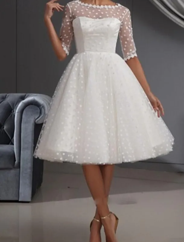 Little White Dresses Boho Wedding Dresses Ball Gown Illusion Neck Half Sleeve Knee Length Lace Bridal Suits Bridal Gowns With Embroidery Appliques